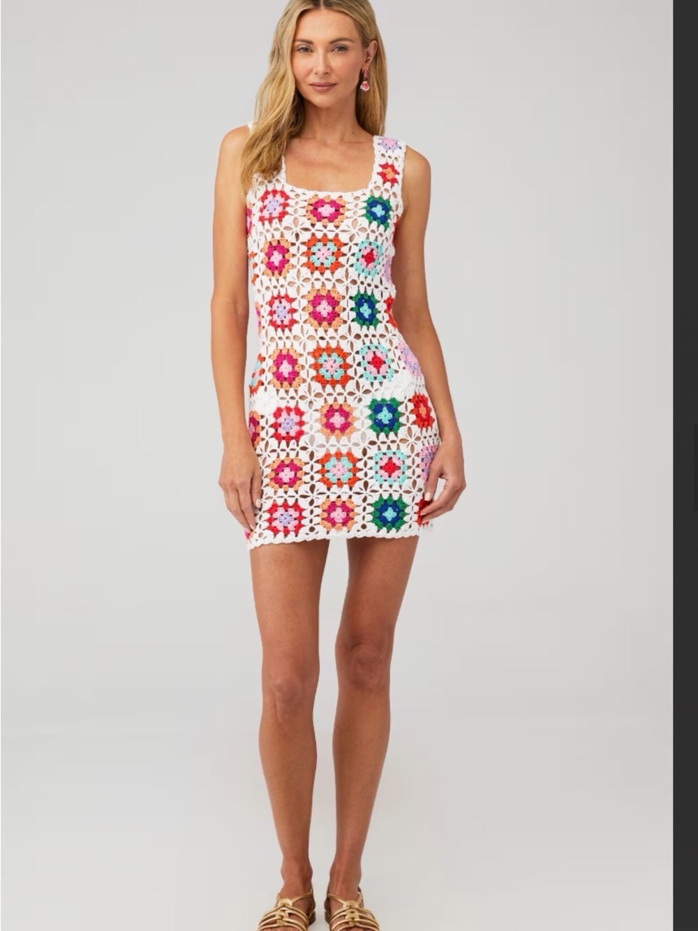 Beach Riot White Crochet Coverup with Multi-Colored Floral Squares